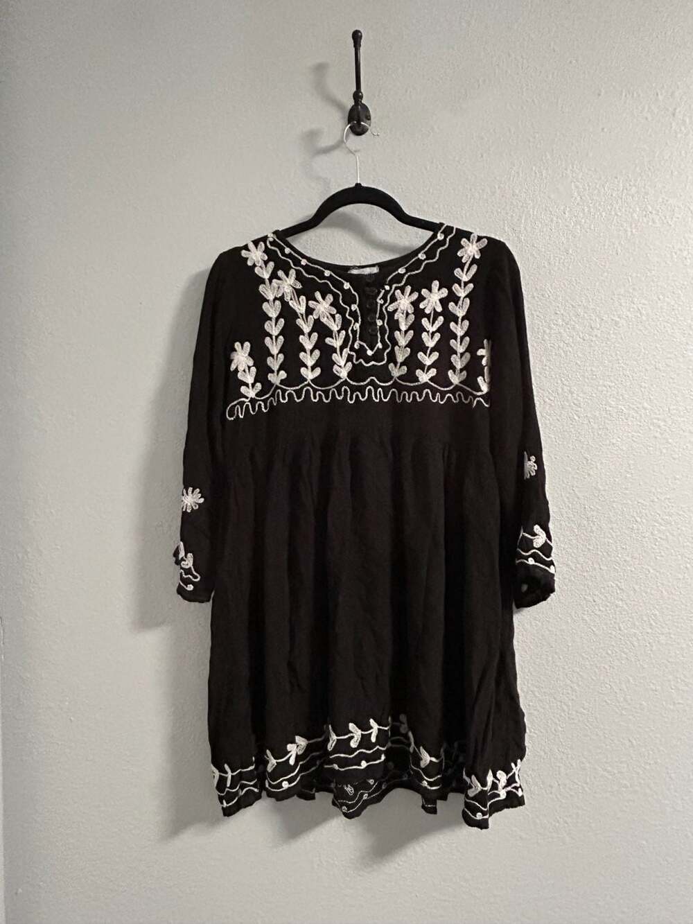 Exist Women's Black Boho Tunic Dress with White Floral Embroidery Size M